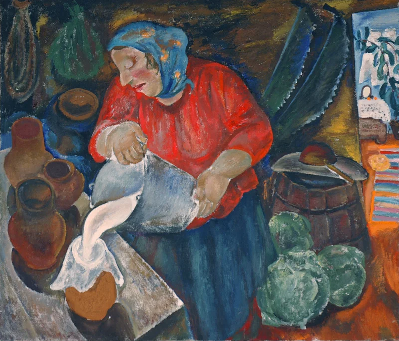 Milk. Baba Olya. 1972, oil/canvas,  80 х 93. From the collection of the Museum of the 20th anf 21th century St.Petersburg Art