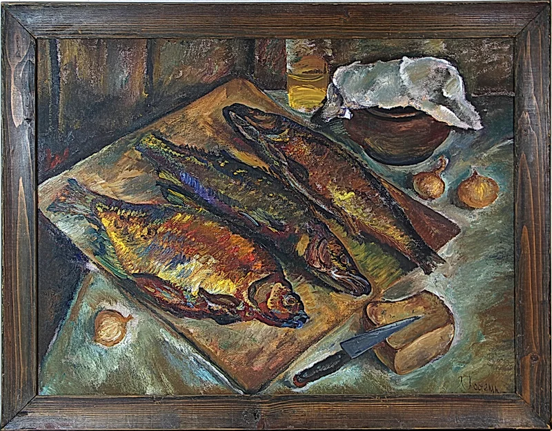 Smoked fish, 1975, oil/canvas, 60х80. From the collection of the Staraya Ladoga Archeological Museum Preserve