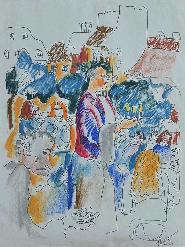 Parisian cafe, 1982, paper/pastel