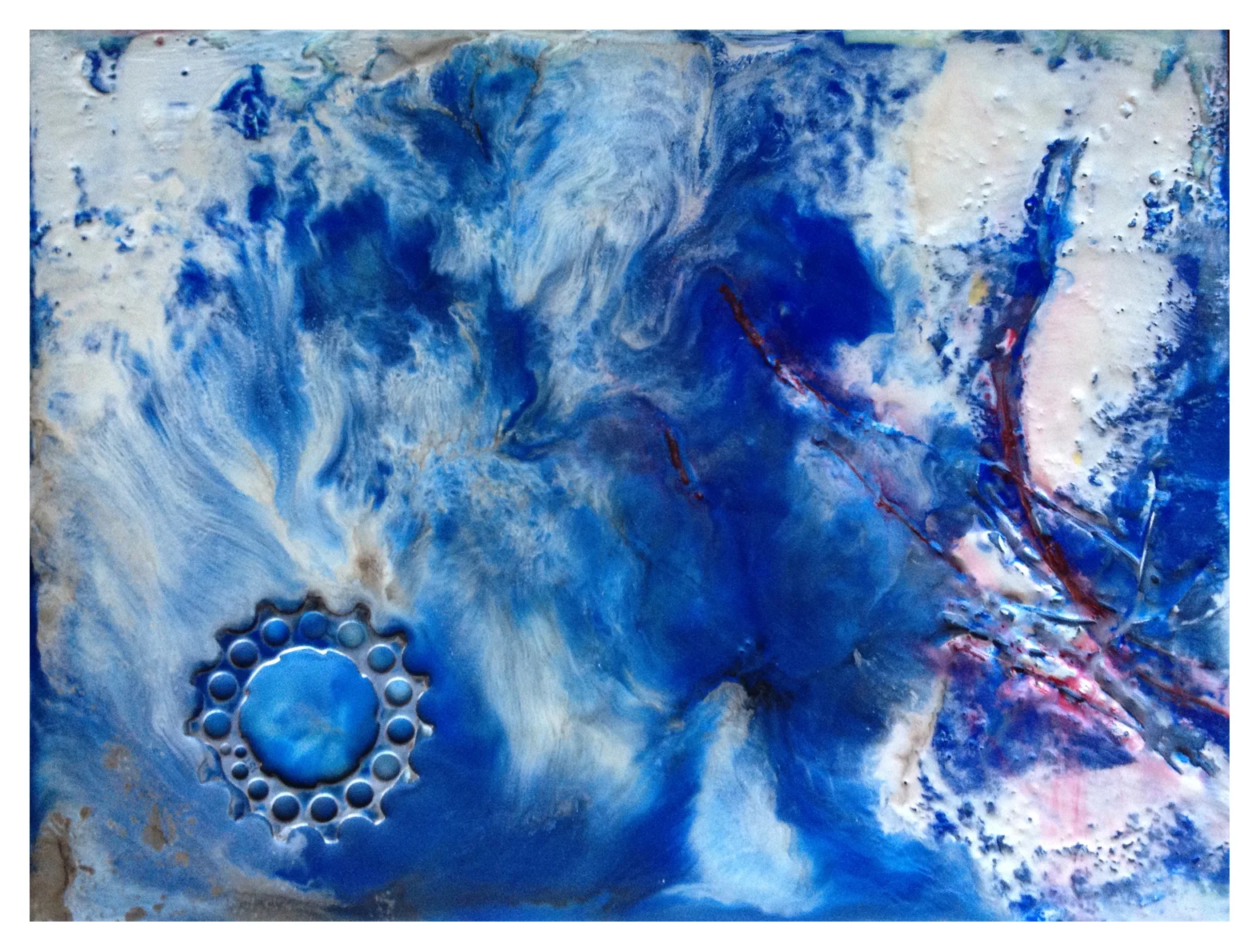 untitled - July 2012 encaustic. oil stick. wire. gear. wood 9in x 12in