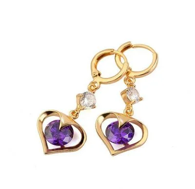 10k Gold Purple CZ Heart Dangle Earrings