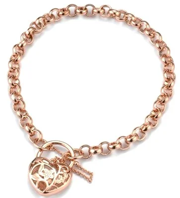 18k Rose Gold Filled Heart Charm Ring Chain Bracelet