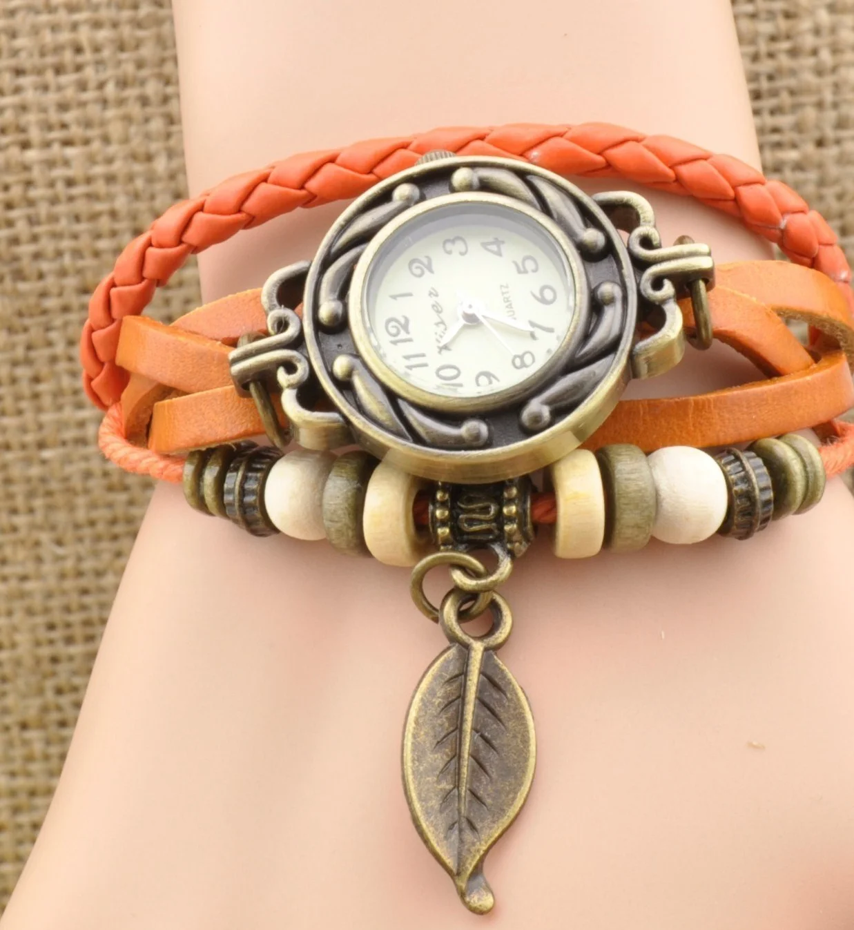 Weaving Leather Metal Leaf Bead Dial Girl Quartz Wrist