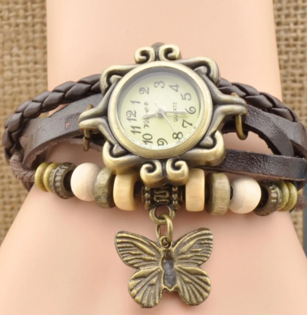 Weaving Leather Metal Butterfly Bead Belt Dial Woman Girl Quartz Wrist Watch