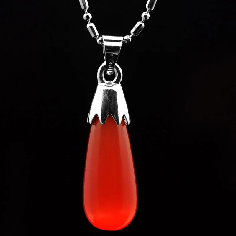 Cute Red Teardrop Cat Eye Stone Opals 18k GP Pendant Necklace 18"
