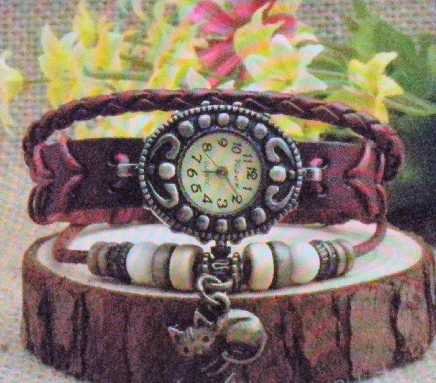 Weaving Leather Metal Cat Bead Band Quartz Wrist Watch