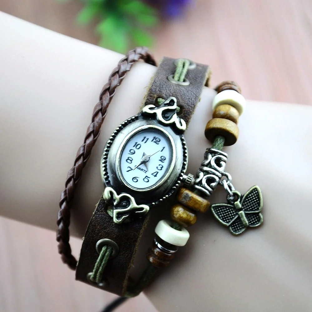 Fashion Retro Classic Leather Strap Quartz Wrist Watch Butterfly Pendant