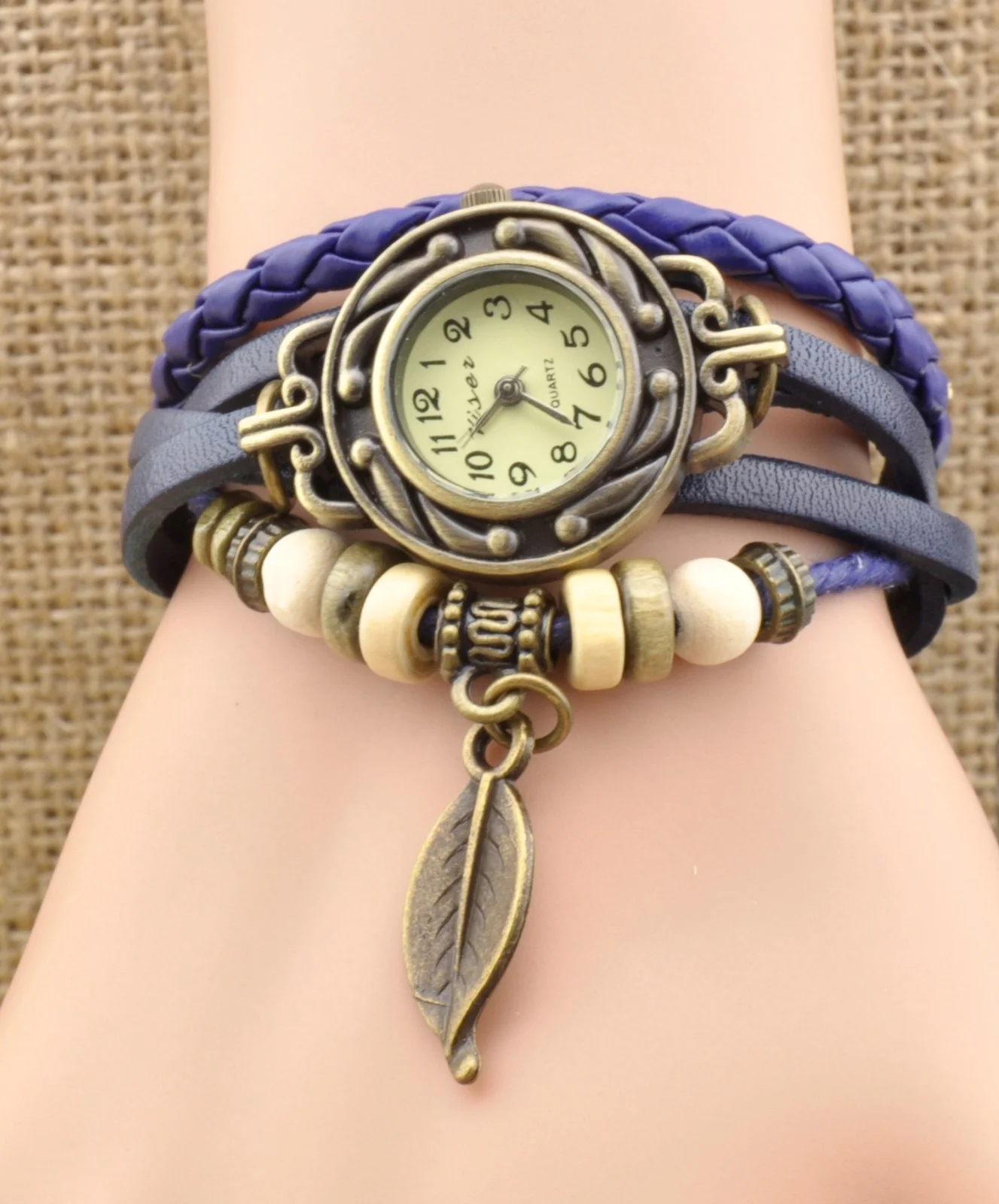 Weaving Leather Metal Leaf Bead Belt Quartz Wrist Watch