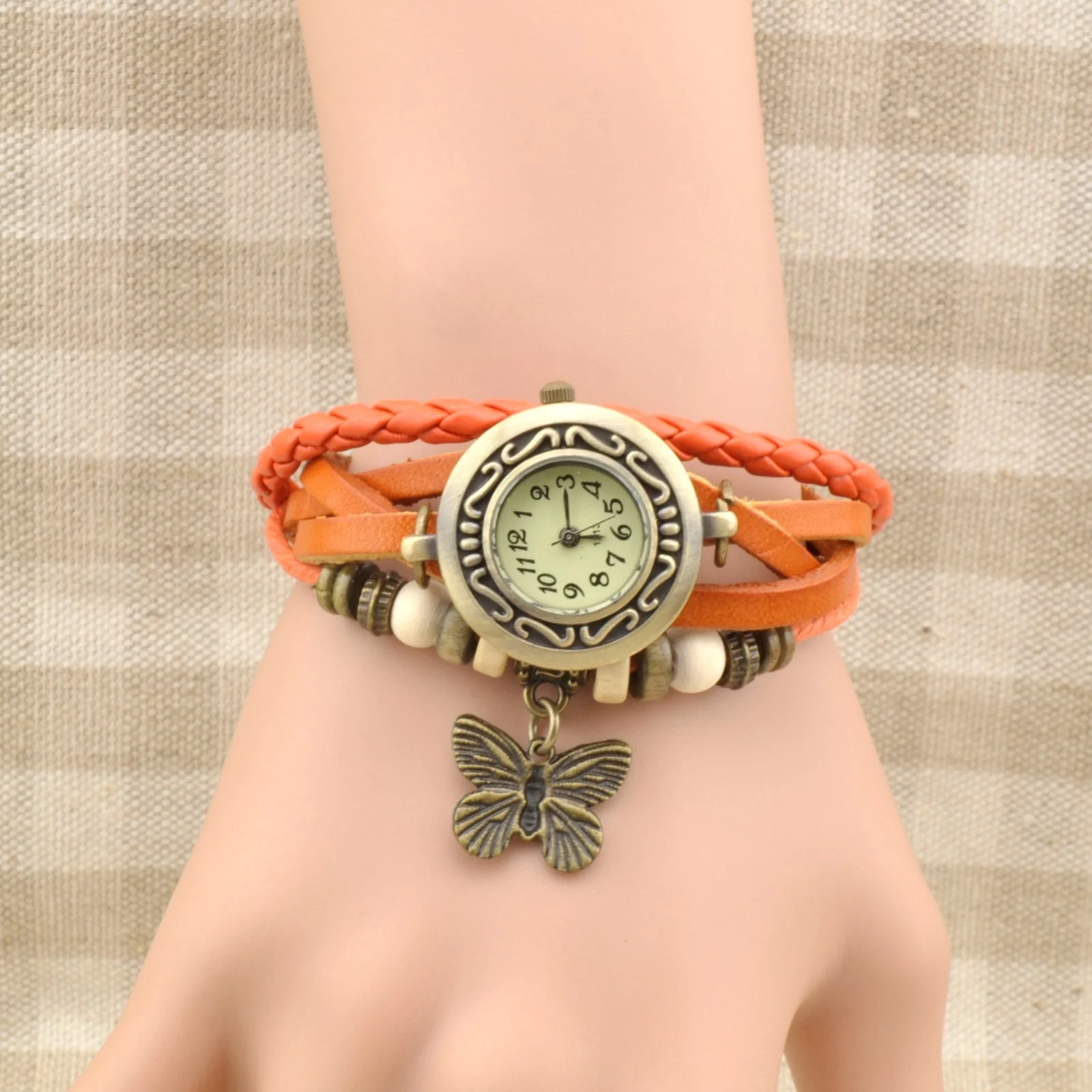 Weaving Leather Metal Butterfly Bead Belt Quartz Wrist Watch