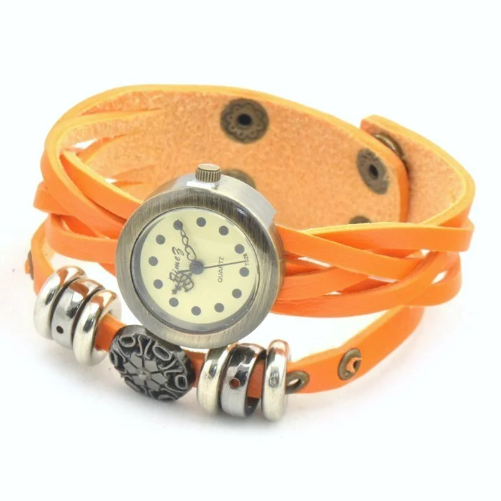 Fashion Weaving Leather Band Round Face Quartz Wrist Watch