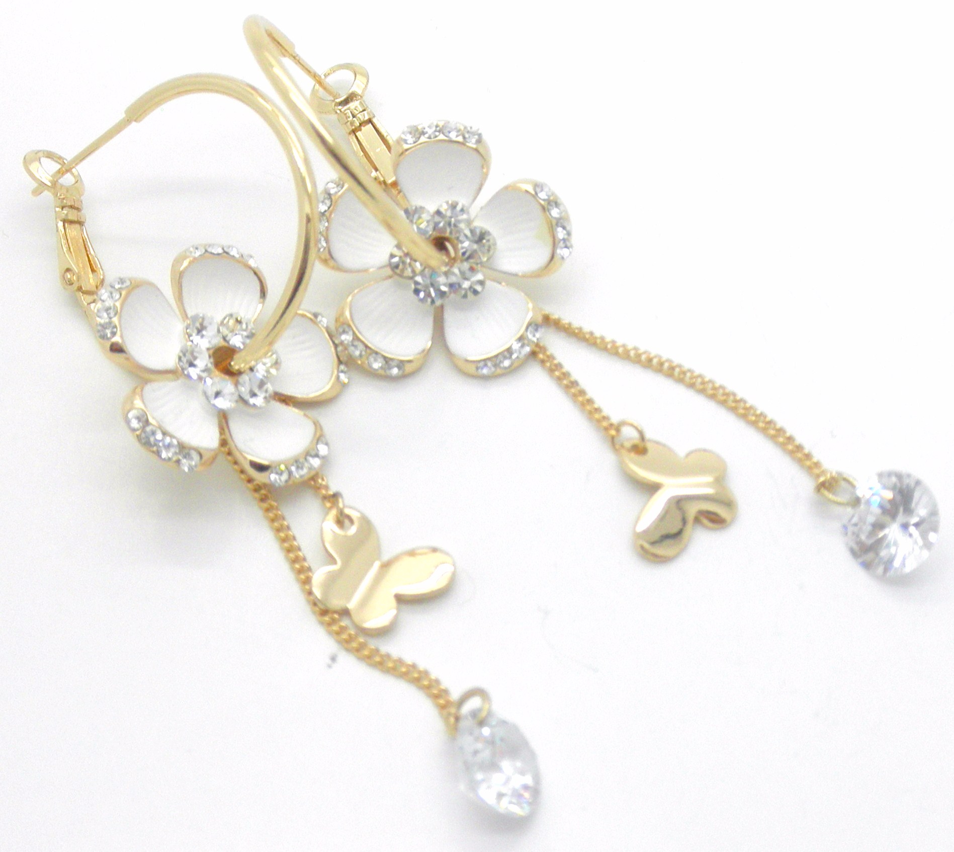 18k Gold GP Clear White Crystal Dangle Butterfly Flower Hoop Earrings