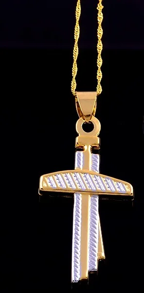 Exotic Men's Cross Two Color Necklace&Pendant 14k GF Jewelry Set
