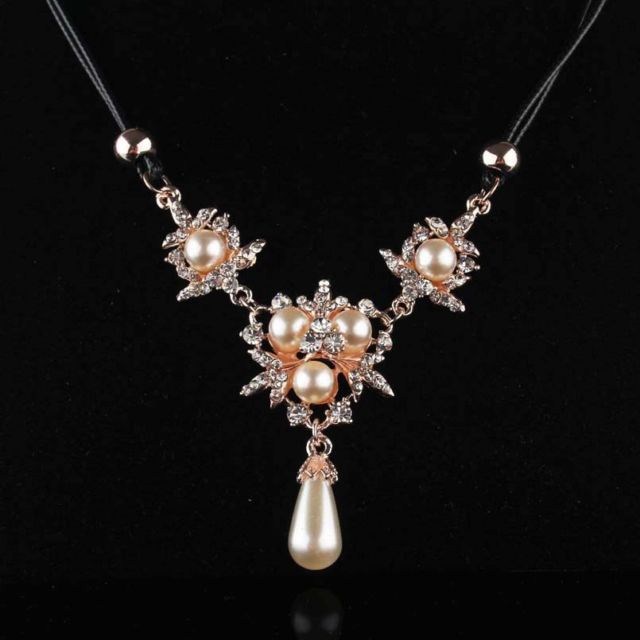 14k Rose GF Pearl Austrian Crystal Leaf Double Rope Necklace