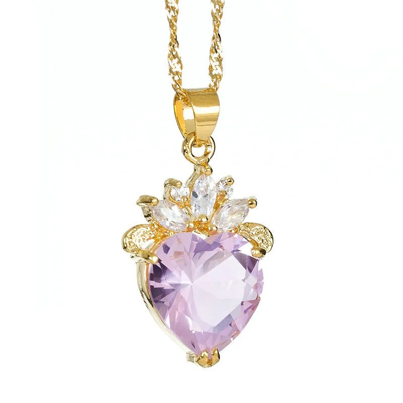Love Heart Cut Pink Sapphire 18k Yellow Gold Plated Pendant Necklace