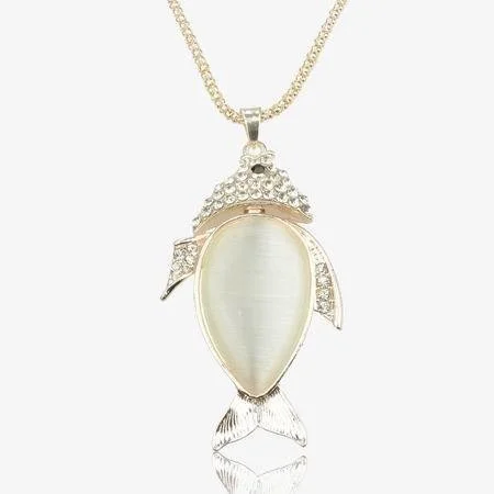 14K Cute Cat Eye GP Gem Crystal Enamel 3D Fish Bib Necklace