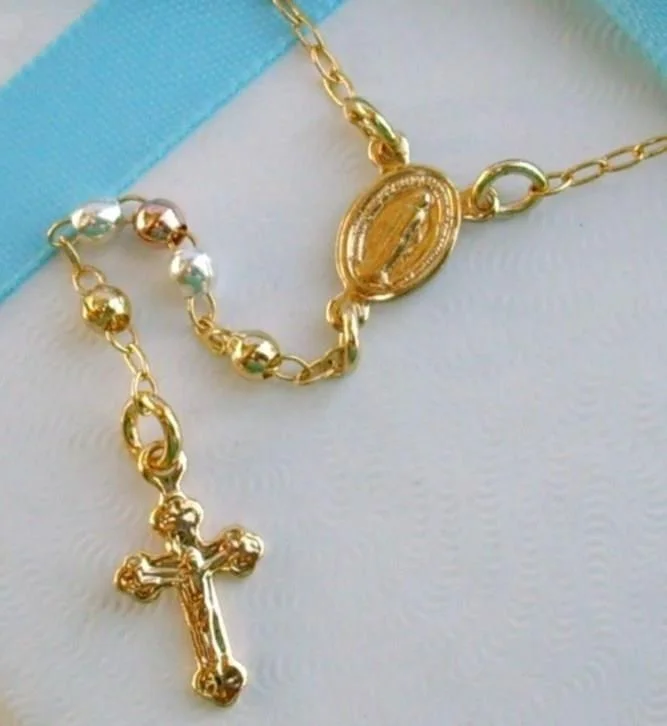 18K 3 Tone Gold Filled Catholic ROSARY CRUCIFIX PENDANT 18" long