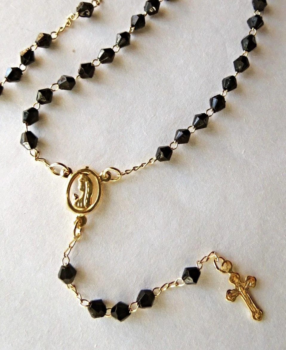 18K GF  Black Beads Holy MARY ROSARY CRUCIFIX PENDANT 17.5" L