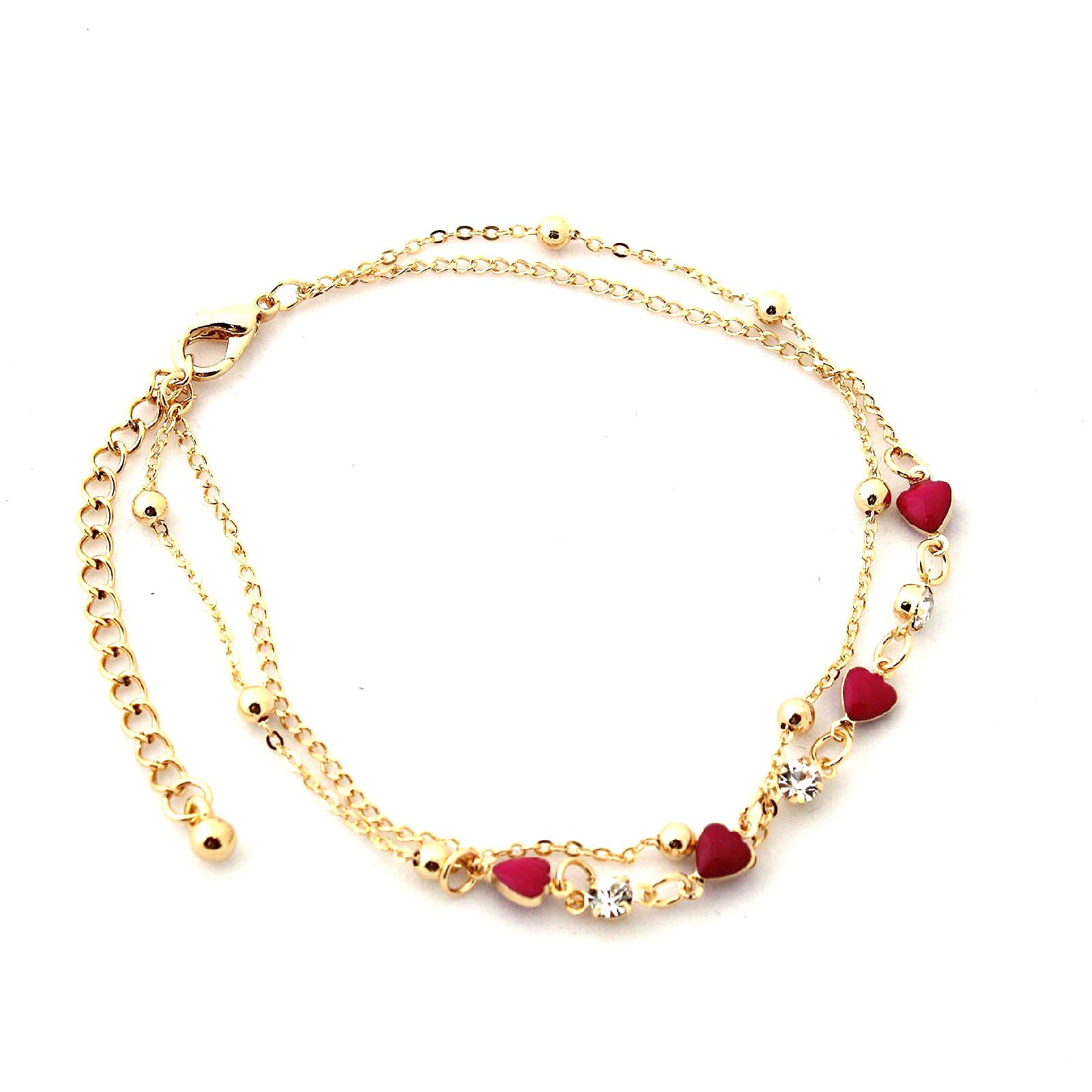 Two Layers Anklet Bracelet 14K Gold Plated Cubic Pink Red Heart Anklet