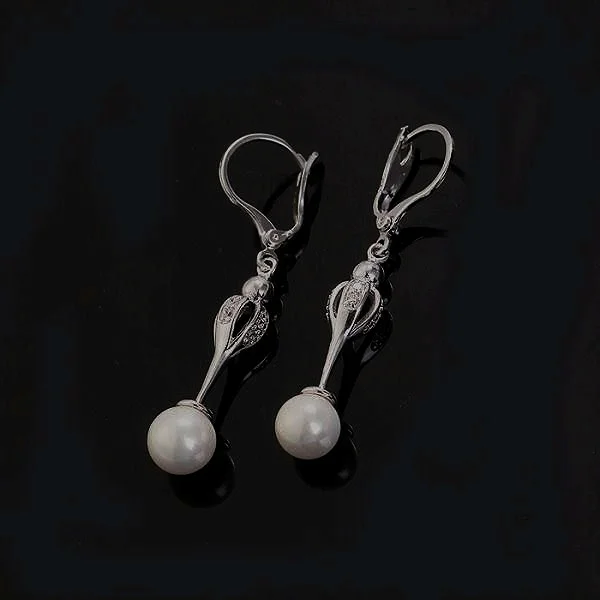 18K White Gold Plated White Shell Pearl CZ Dangle Earrings Jewelry