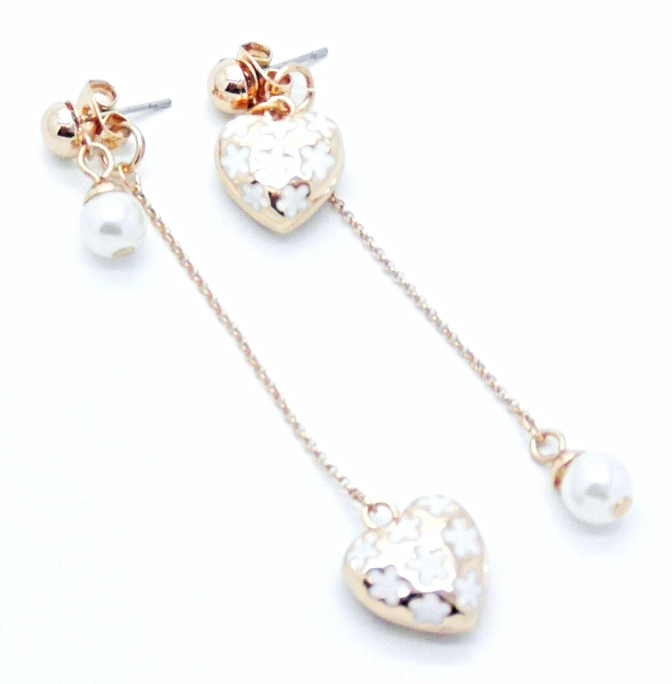 18k Rose Gold GP Dangle Heart Pearl Ball Enamel Ear Studs Earrings