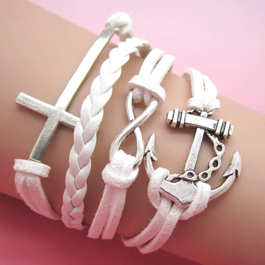 White DIY Infinity Anchors Wheel Leather Charm Bracelet Plated Silver