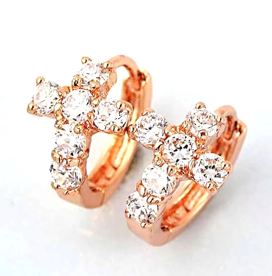 Girls Children Cross Earrings, 10K Rose Gold Filled CZ