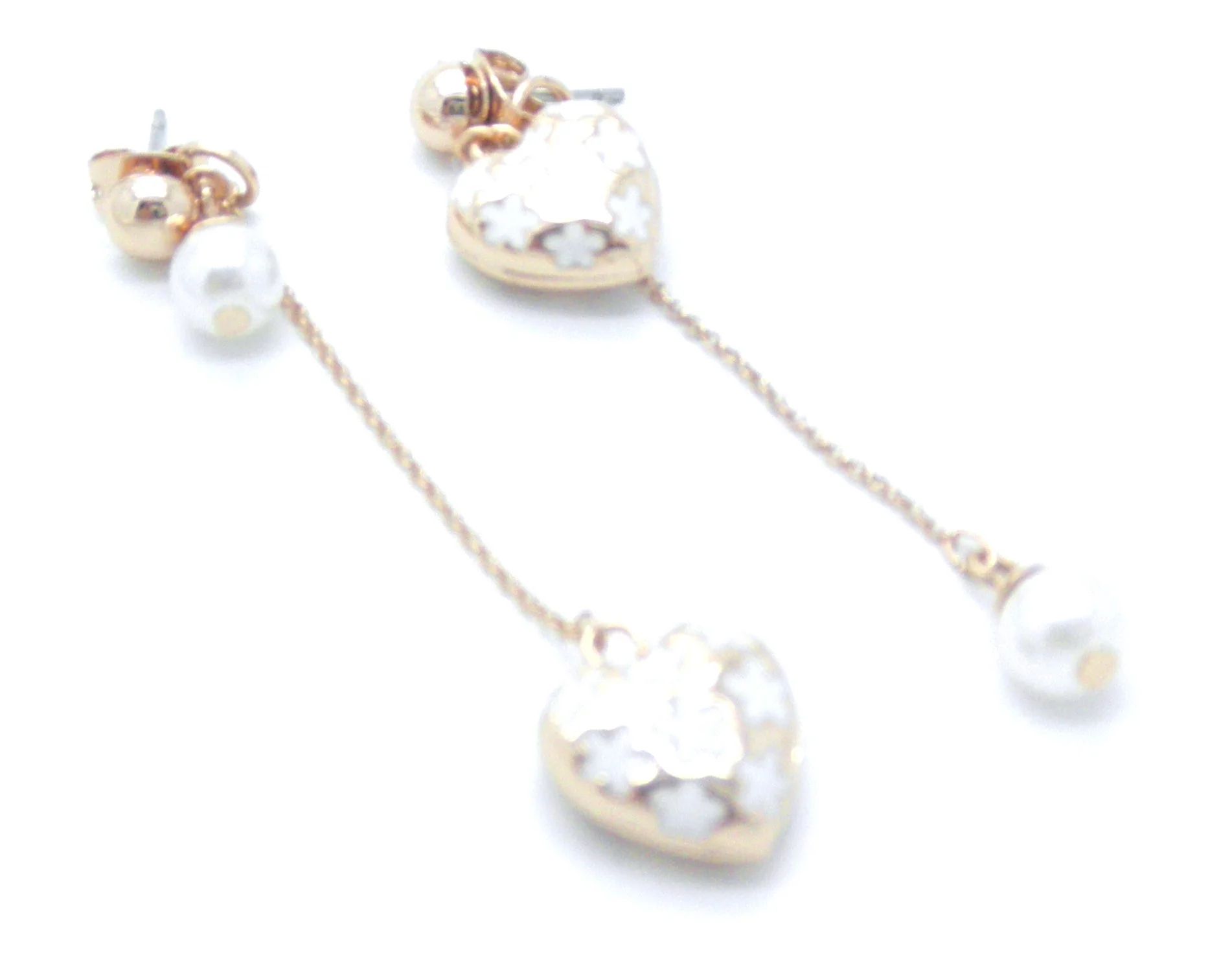 18k Rose GP Dangle Heart Pearl Ball Enamel Ear Studs Earrings