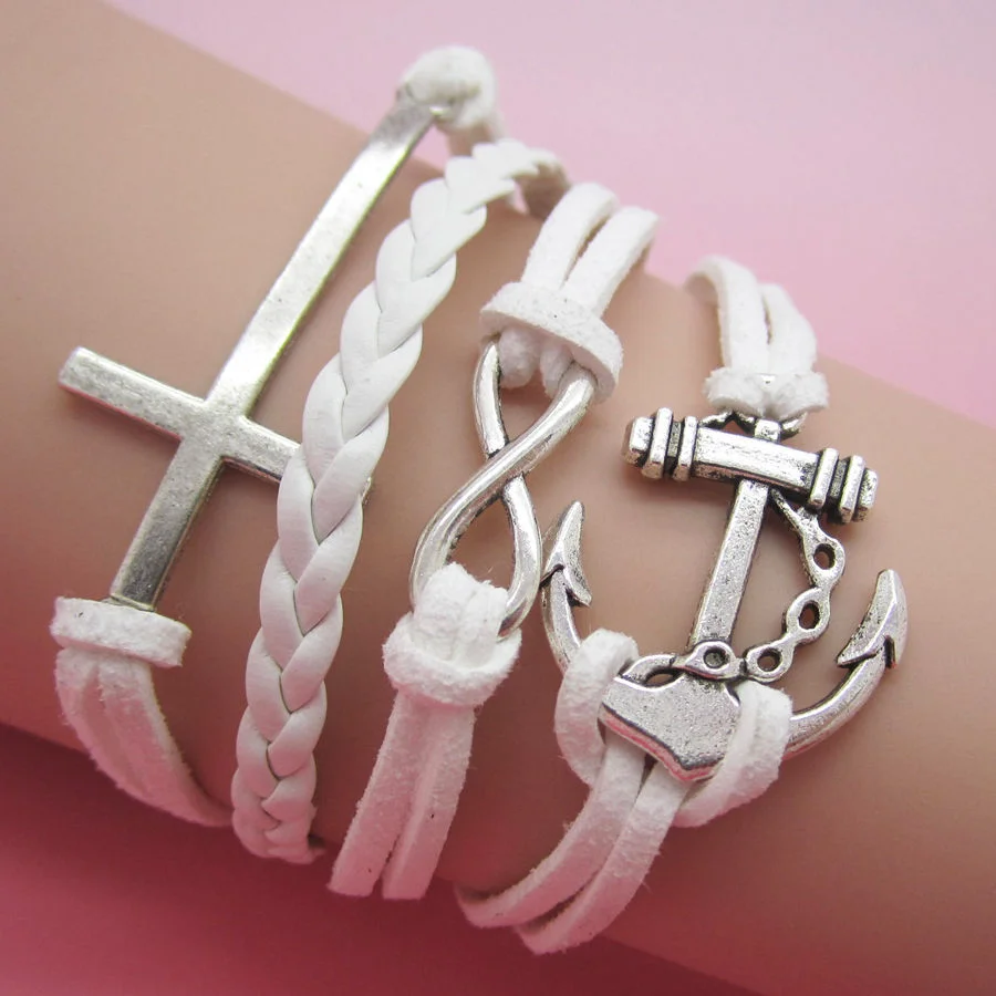 White DIY Infinity Anchors Wheel Leather Charm Bracelet Plated Silver