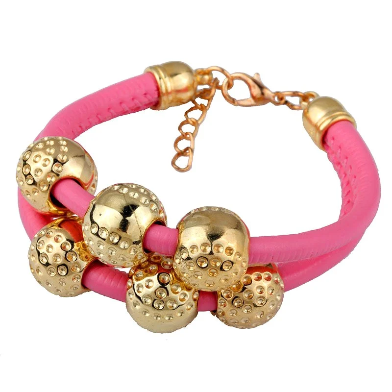 Fashion Gold Metallic Red Leather Bangle Bracelet Chain