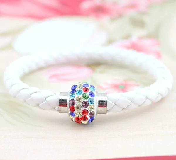 Leather Wrap Wristband Cuff Punk Magnetic Rhinestone Buckle Bracelet Bangle