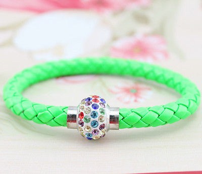 Leather Wrap Wristband Cuff Punk Magnetic Rhinestone Buckle Bracelet Bangle