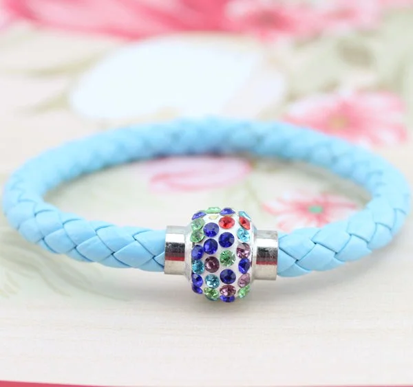 Leather Wrap Wristband Cuff Punk Magnetic Rhinestone Buckle Bracelet Bangle