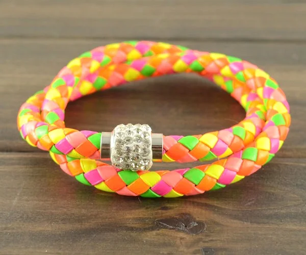 Double Deck Leather Wristband Punk Magnetic Rhinestone Buckle Bracelet Bangle