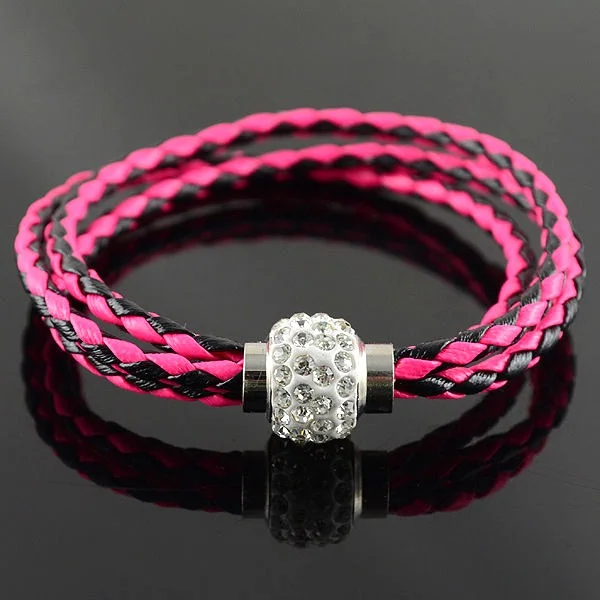 Double Deck Leather Wristband Punk Magnetic Rhinestone Buckle Bracelet Bangle