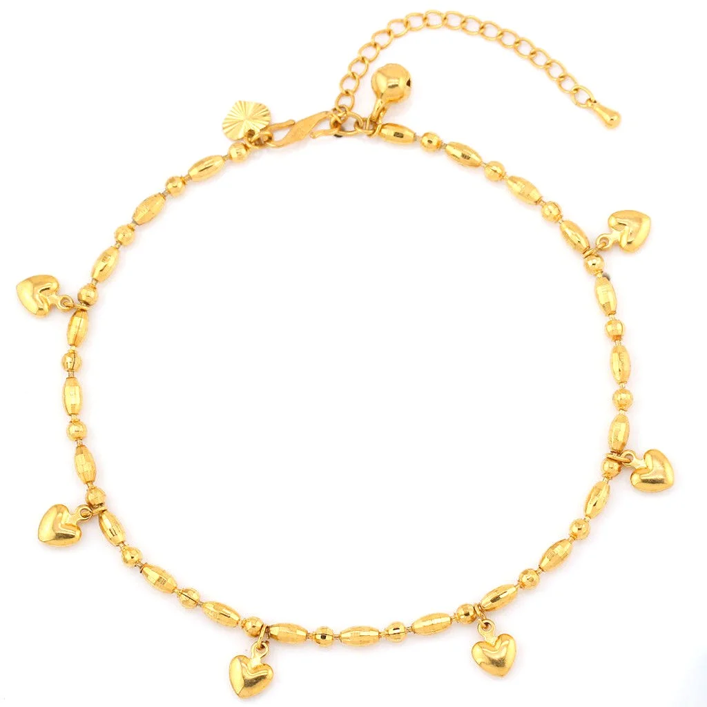 18K Gold Plated Bell & Heart Charm Bead Chain Ankle Bracelet Anklet 31cm 12"