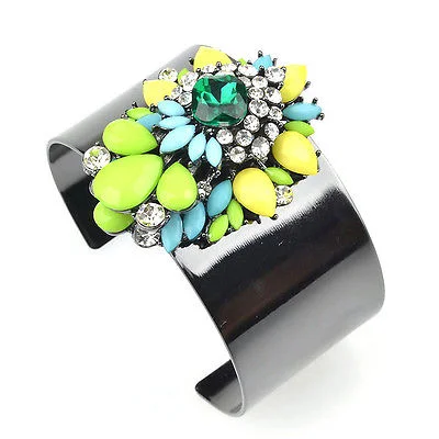 Multi Color Smoky Cluster Gem Neon Open Bib Cuff Bracelet Bangle