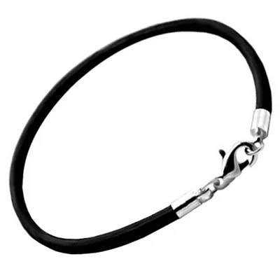 Silver Black Leather European Charm Lobster Bracelet