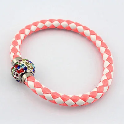 Leather Wrap Wristband Cuff Punk Magnetic Rhinestone Buckle Bracelet