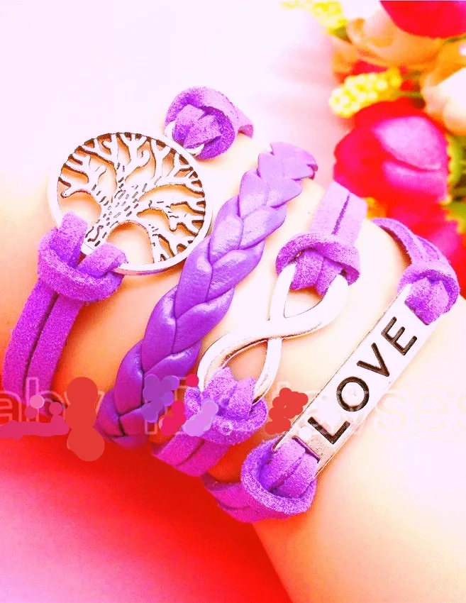 Tree LOVE Infinity Leather Cute Bracelet Silver Purple