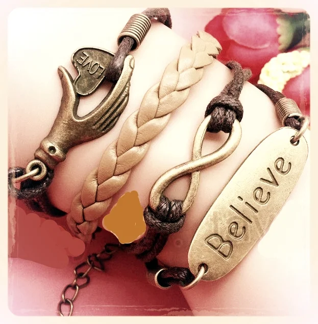 Believe Hand Heart Infinity Leather Bracelet Bronze Coffee