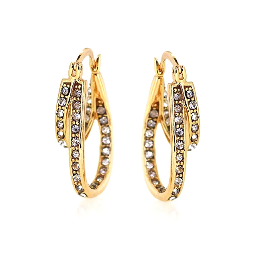 10k Yellow Gold Filled  Brilliant Crystal Solid Double Hoop Earrings