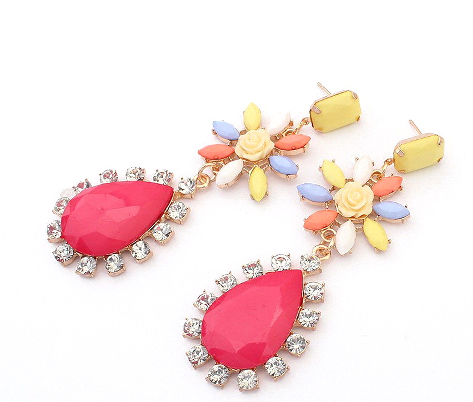 Bohemia Resin Drop Flower Rhinestone Stud Dangle Earrings Hot Pink