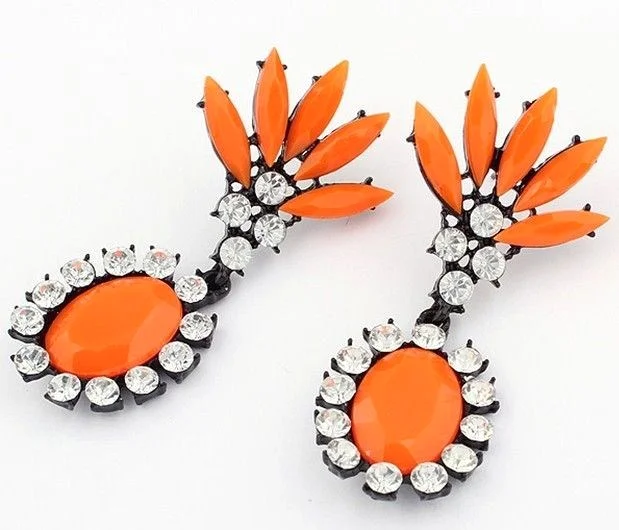 Sweet Orange Resin Ice Flower Rhinestone Earrings Stud