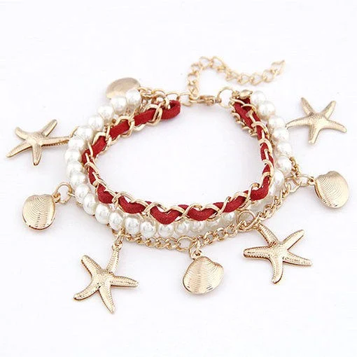 Fashion Jewelry Gold Metal Red Leather Pearl Star Bracelet