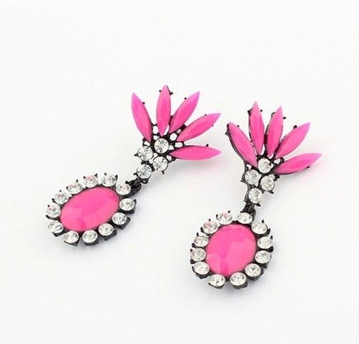 Fashion Design Rose Red Resin Rhinestone Ice Flower Earrings Stud