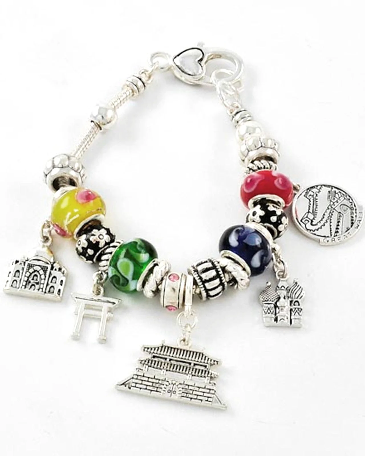 Glass Beads / Castle Charm Antique Silver Tone Bracelet