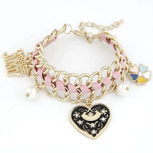 Gold Metal Pink Leather Black Heart Bracelet