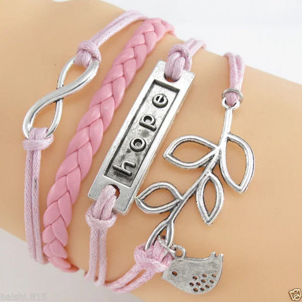 Antique Silver Hope Olive Charms Leather Wrap Bracelet Fit European