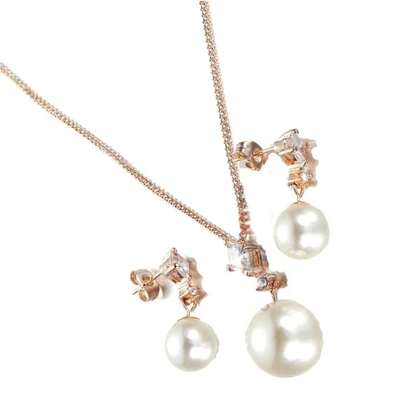 18K Rose Gold Plated Swarovski Crystal Pearl Pendant Necklace & Earrings Set