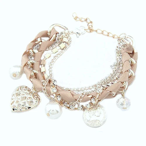 Gold Metal Heart Pearl Pink Stylish Bracelet